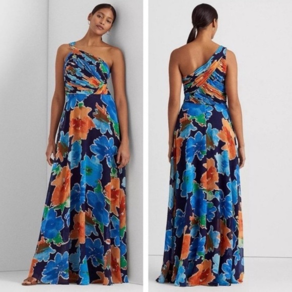 Ralph Lauren Dresses & Skirts - Ralph Lauren One-Shoulder Floral Dress in Blue and Orange wedding guest gown 12